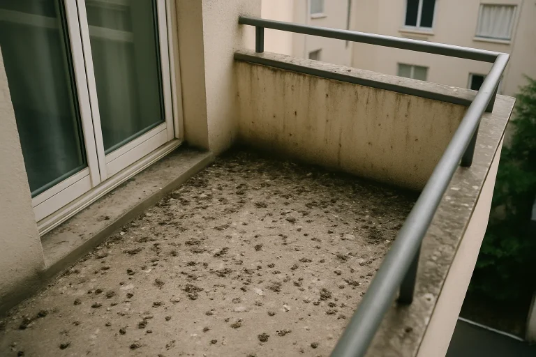 Balcon d'un appartement avec de nombreuses fientes de pigeons visibles.