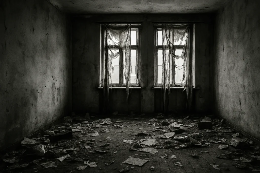 Appartement vide en désordre, murs sales, déchets au sol, noir et blanc