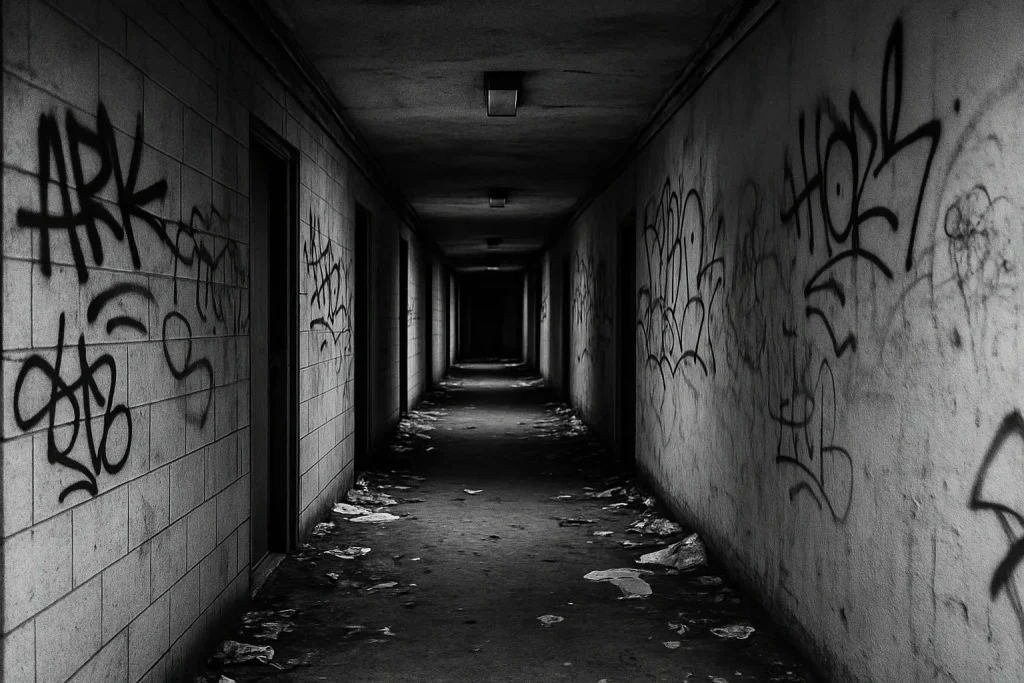 Couloir de copropriété avec détritus et graffitis, en noir et blanc.