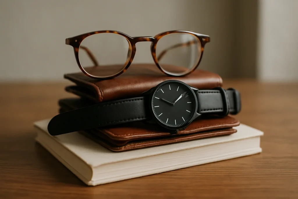 Gros plan d'une pile d'objets personnels variés sur une surface en bois
