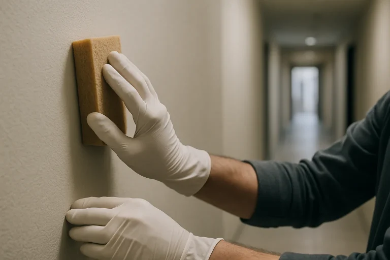 Des mains gantées nettoient un mur avec une éponge dans un immeuble.