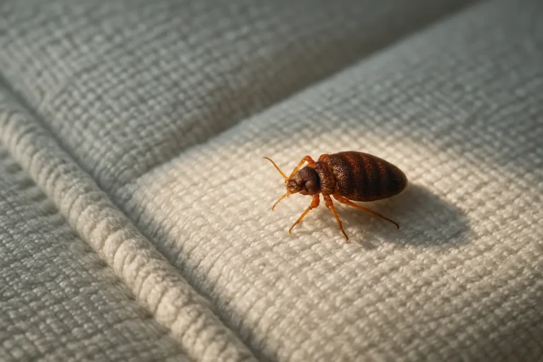 Gros plan d'une punaise de lit sur un matelas, texture du tissu visible