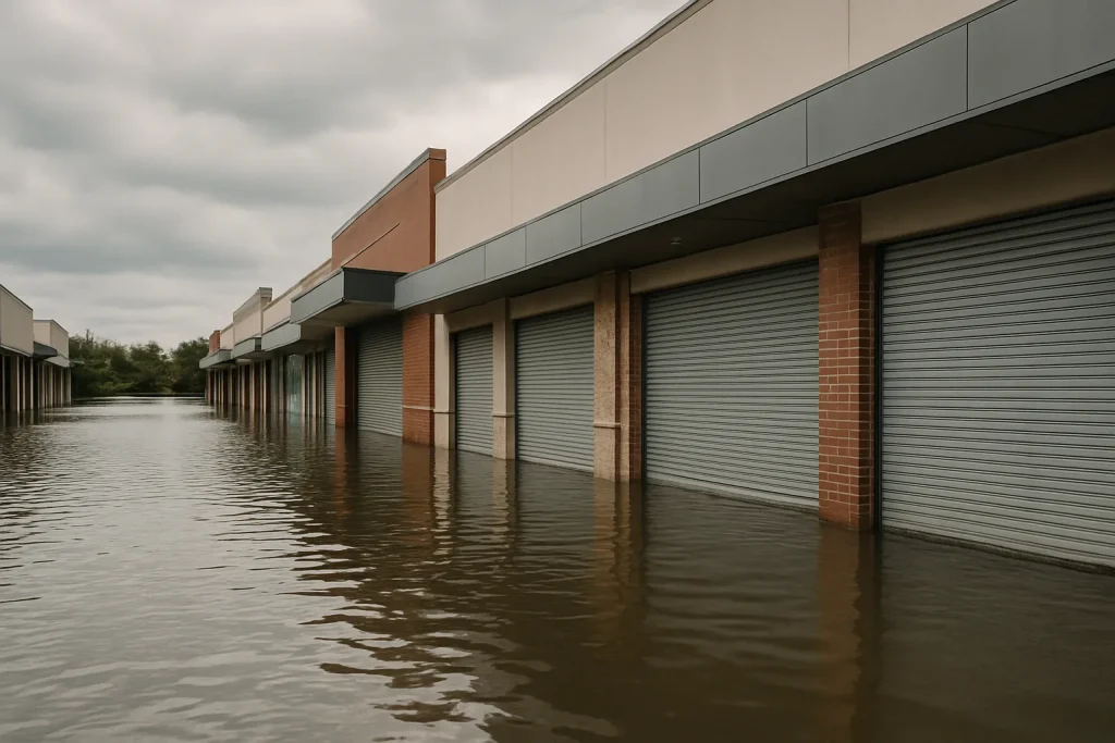 Rue inondée devant des commerces avec de l'eau stagnante et ciel nuageux