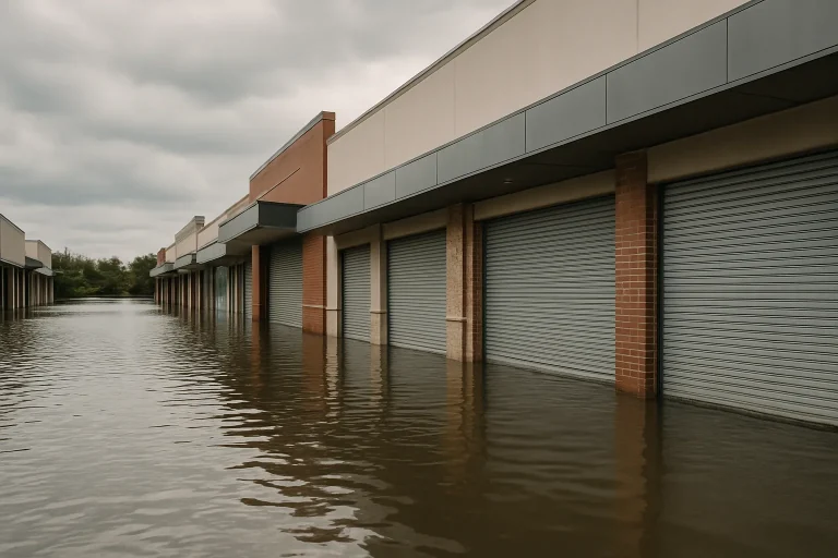 Rue inondée devant des commerces avec de l'eau stagnante et ciel nuageux