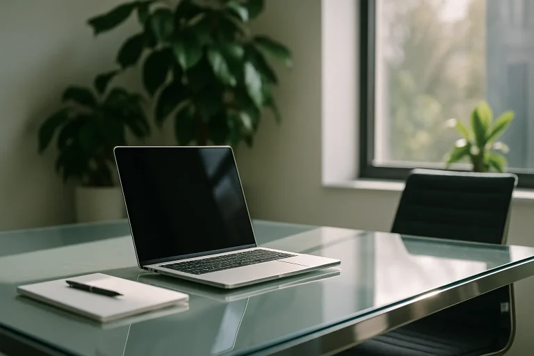 Bureau moderne avec surfaces propres et reflets du soleil, plantes en arrière-plan