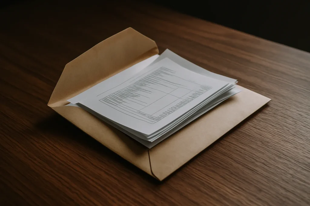 Enveloppe ouverte sur une table en bois avec des documents visibles, lumière douce