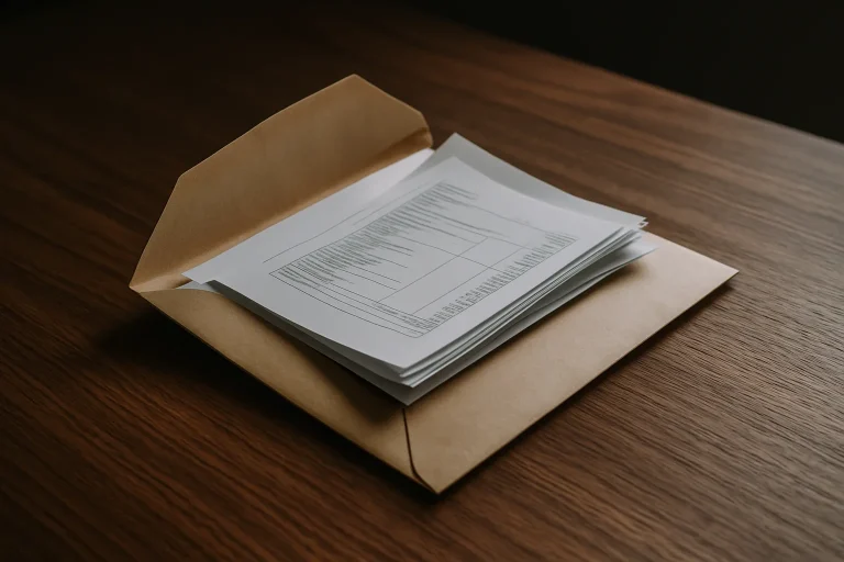 Enveloppe ouverte sur une table en bois avec des documents visibles, lumière douce
