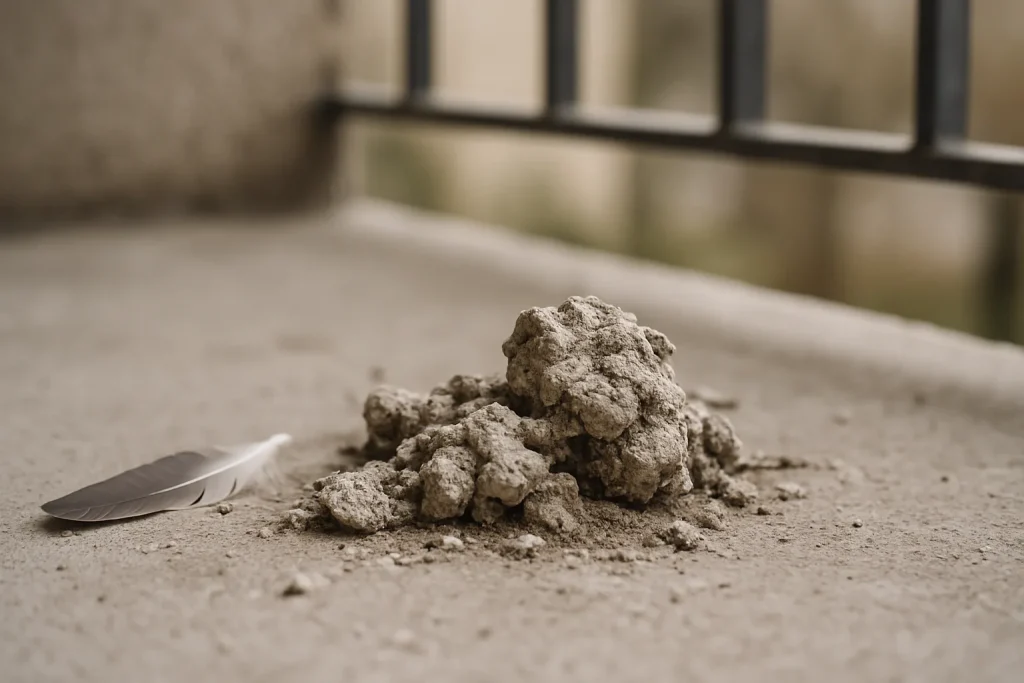 Gros plan de fientes de pigeon séchées sur un balcon en béton avec une plume.