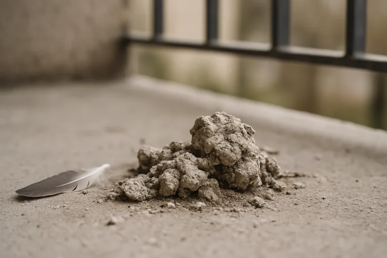 Gros plan de fientes de pigeon séchées sur un balcon en béton avec une plume.