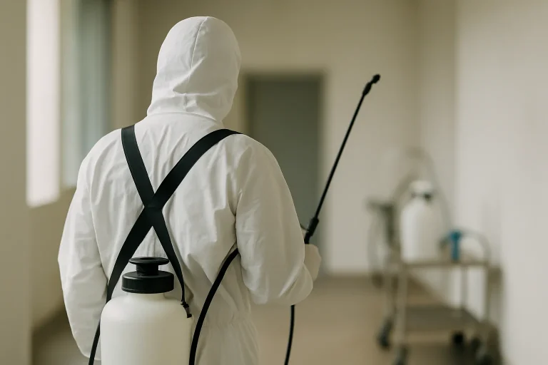 Silhouette d'un technicien en combinaison de protection pour désinfection, arrière-plan flou
