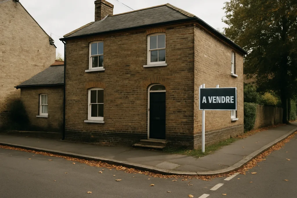 Maison ancienne avec panneau 'à vendre', rue bordée de feuilles d'automne