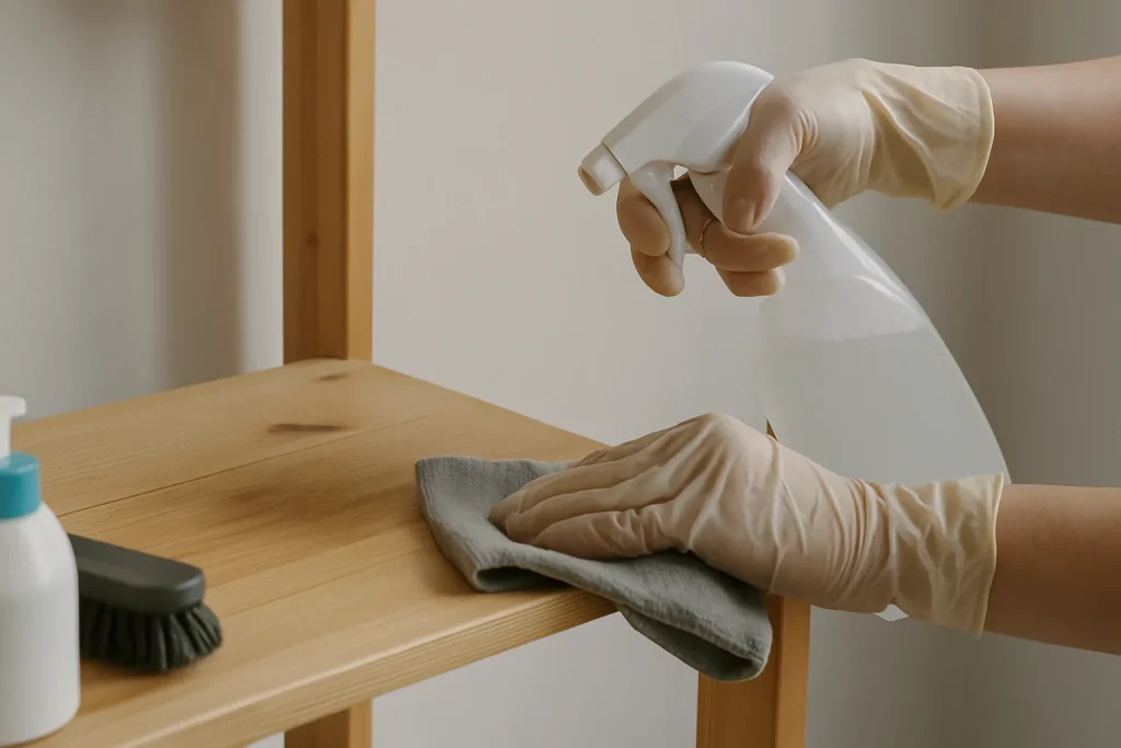Deux mains gantées désinfectant une étagère en bois avec des outils de nettoyage autour