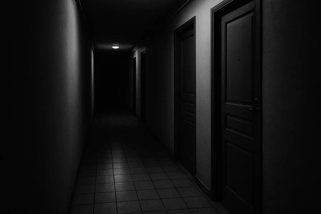 Couloir d'immeuble en noir et blanc avec portes fermées, lumière tamisée