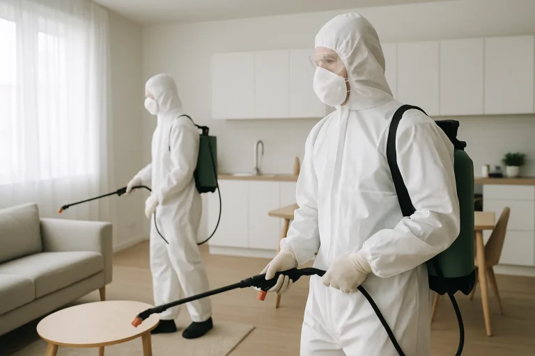 Des techniciens en combinaisons désinfectent un appartement moderne un dimanche