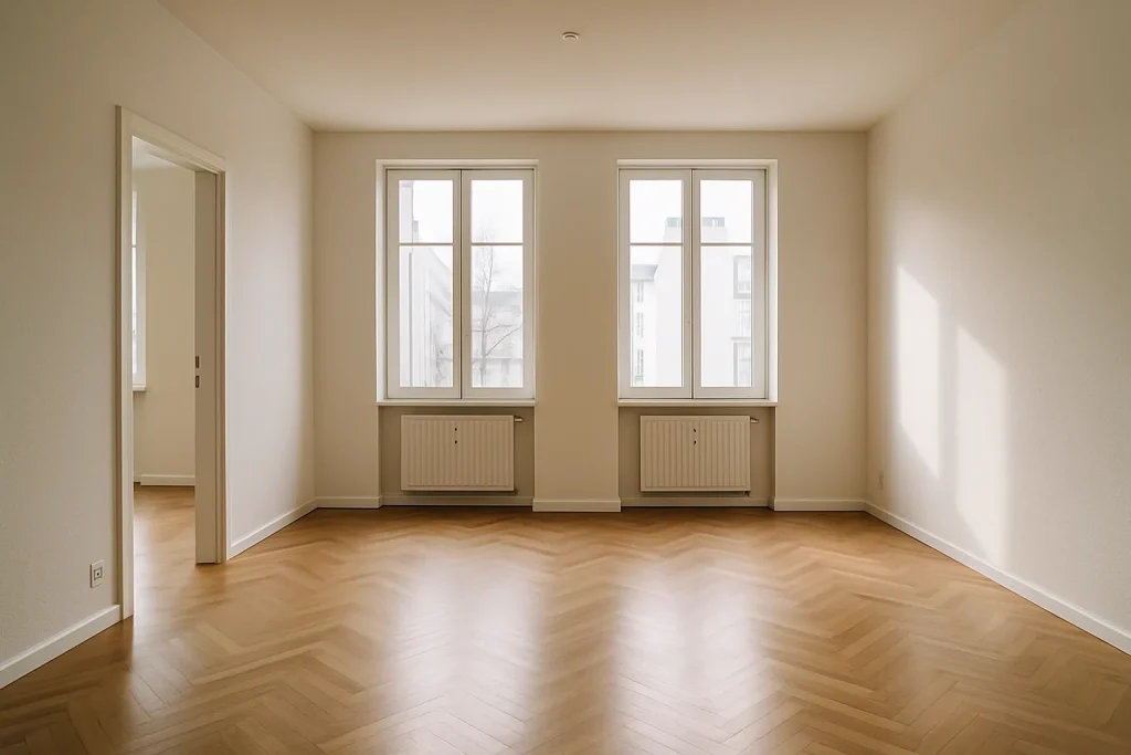 Appartement vide avec murs blancs et parquet, lumière du jour filtrée.