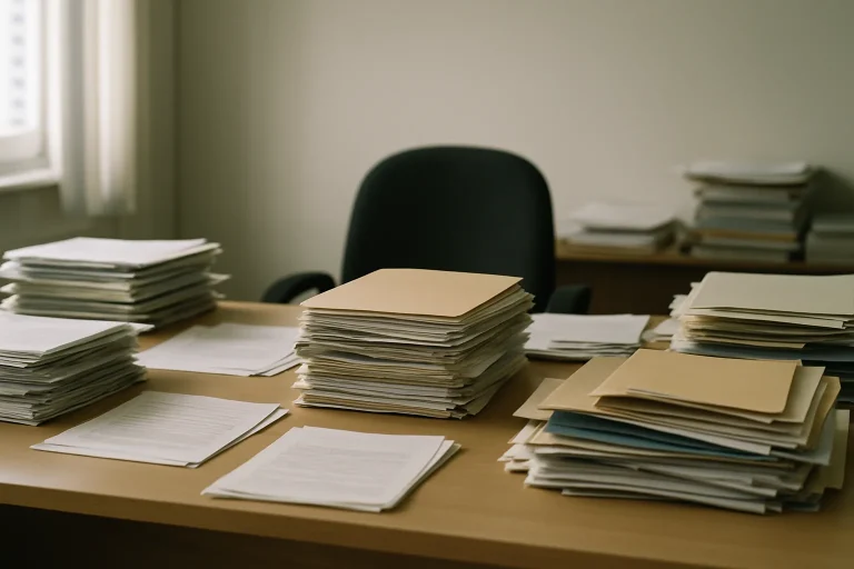Bureau encombré de papiers administratifs à trier après un décès, lumière douce