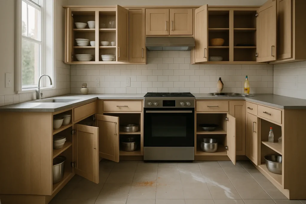Cuisine avec placards ouverts, miettes au sol et traces de nettoyage visibles.