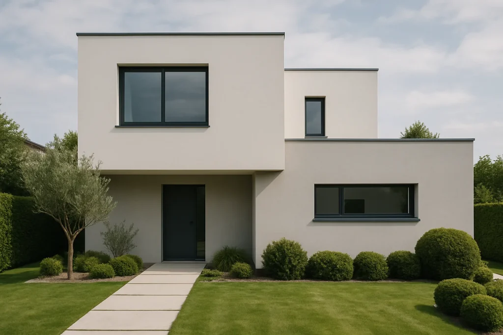 Vue d'une maison moderne avec un jardin, nécessitant un nettoyage après décès
