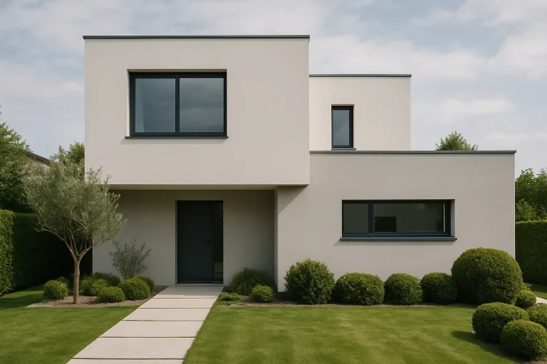 Vue d'une maison moderne avec un jardin, nécessitant un nettoyage après décès