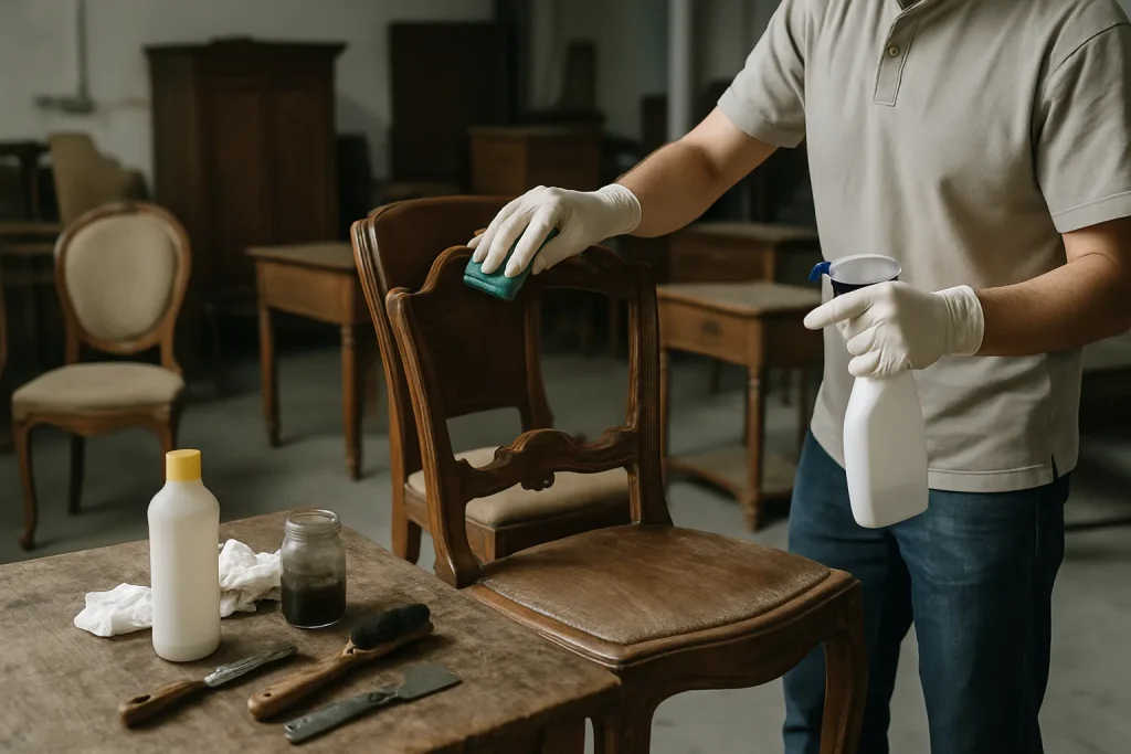 Atelier de restauration avec meubles anciens en cours de nettoyage, outils visibles.