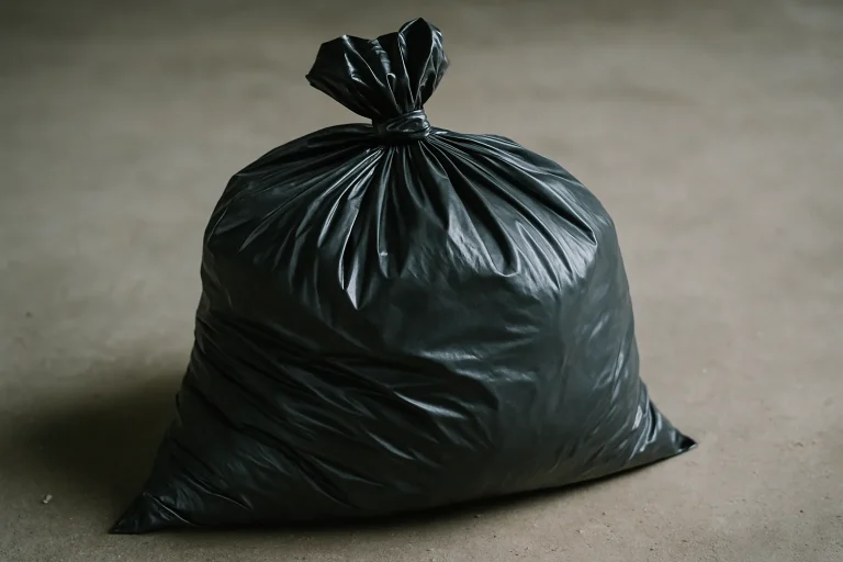 Sac poubelle rempli placé sur un sol en béton, lumière naturelle
