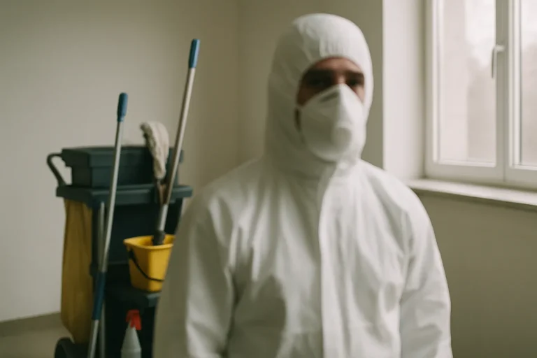 Silhouette floue d'un professionnel en tenue de protection dans un logement