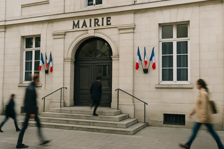 Entrée principale d'une mairie avec quelques passants flous, éclairée en plein jour
